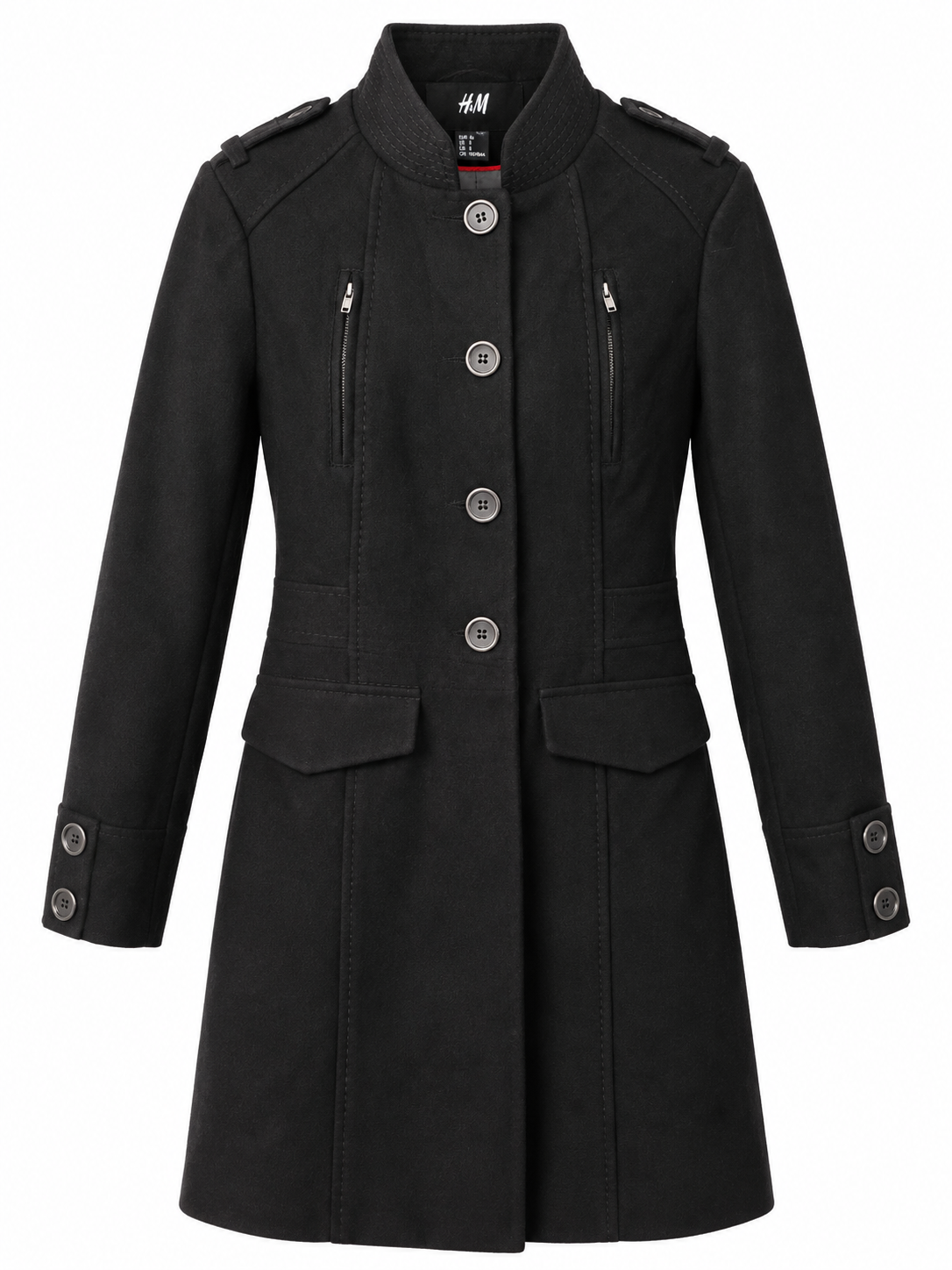 H&M Black Military-Style Long Coat – EU 36