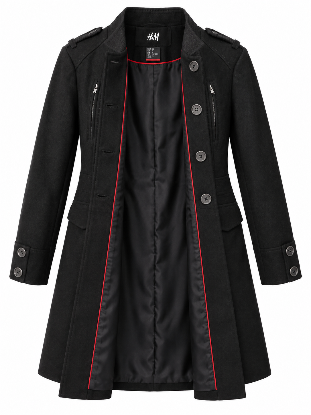 H&M Black Military-Style Long Coat – EU 36 - Image 3