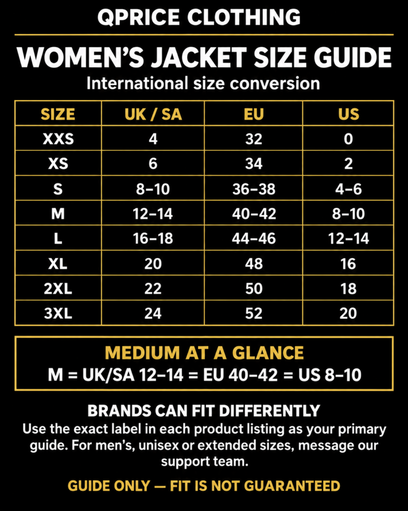 QPrice Clothing women’s jacket size conversion guide